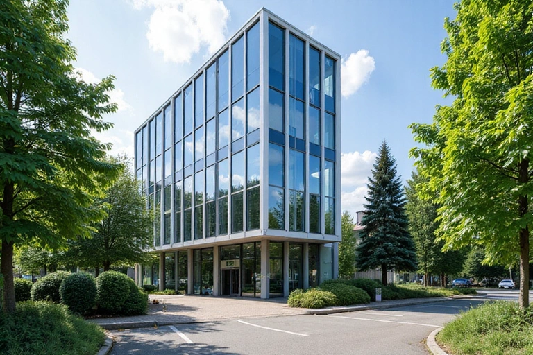 Nowoczesny budynek biurowy w centrum Warszawy, z widocznym wejściem i zielenią wokół.
