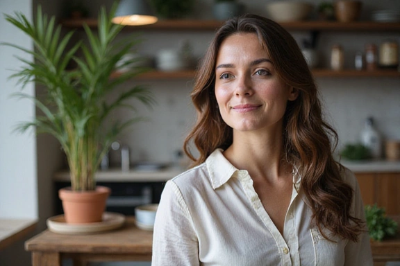 Professional, warm portrait of a nutritionist in a natural, inviting setting, smiling kindly. Soft, natural lighting highlights a healthy, vibrant appearance. They are wearing comfortable, professional attire, perhaps a linen shirt or a soft sweater. The background is slightly blurred, featuring elements like green plants or a subtle, wooden texture, enhancing the sense of nature and well-being. The overall impression is one of approachability, expertise, and calm.
